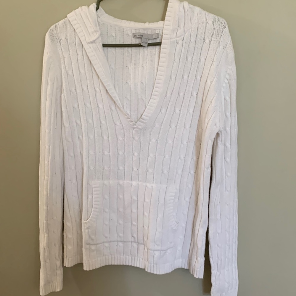 Old Navy L white cable knit hooded sweater